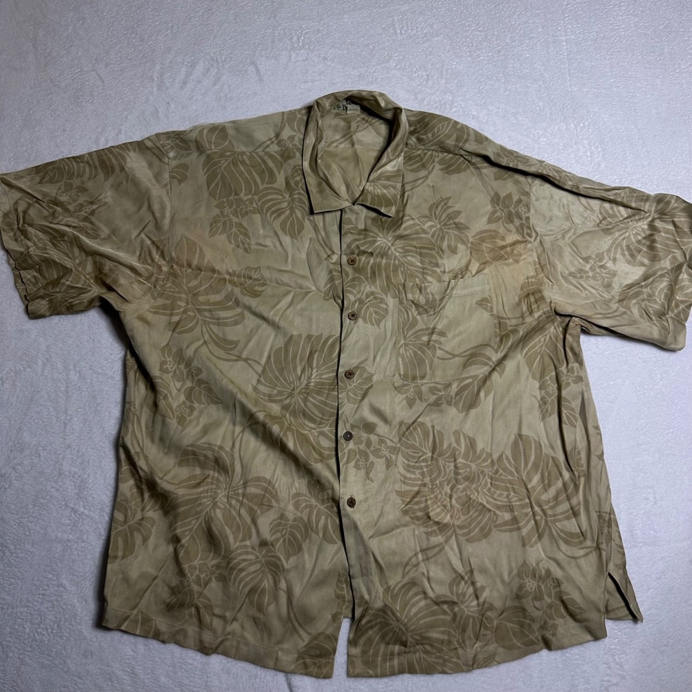 Tommy Bahama Mens XXL Silk Tropical Leaf Herringbone Camp Shirt Tan Hawaiin
